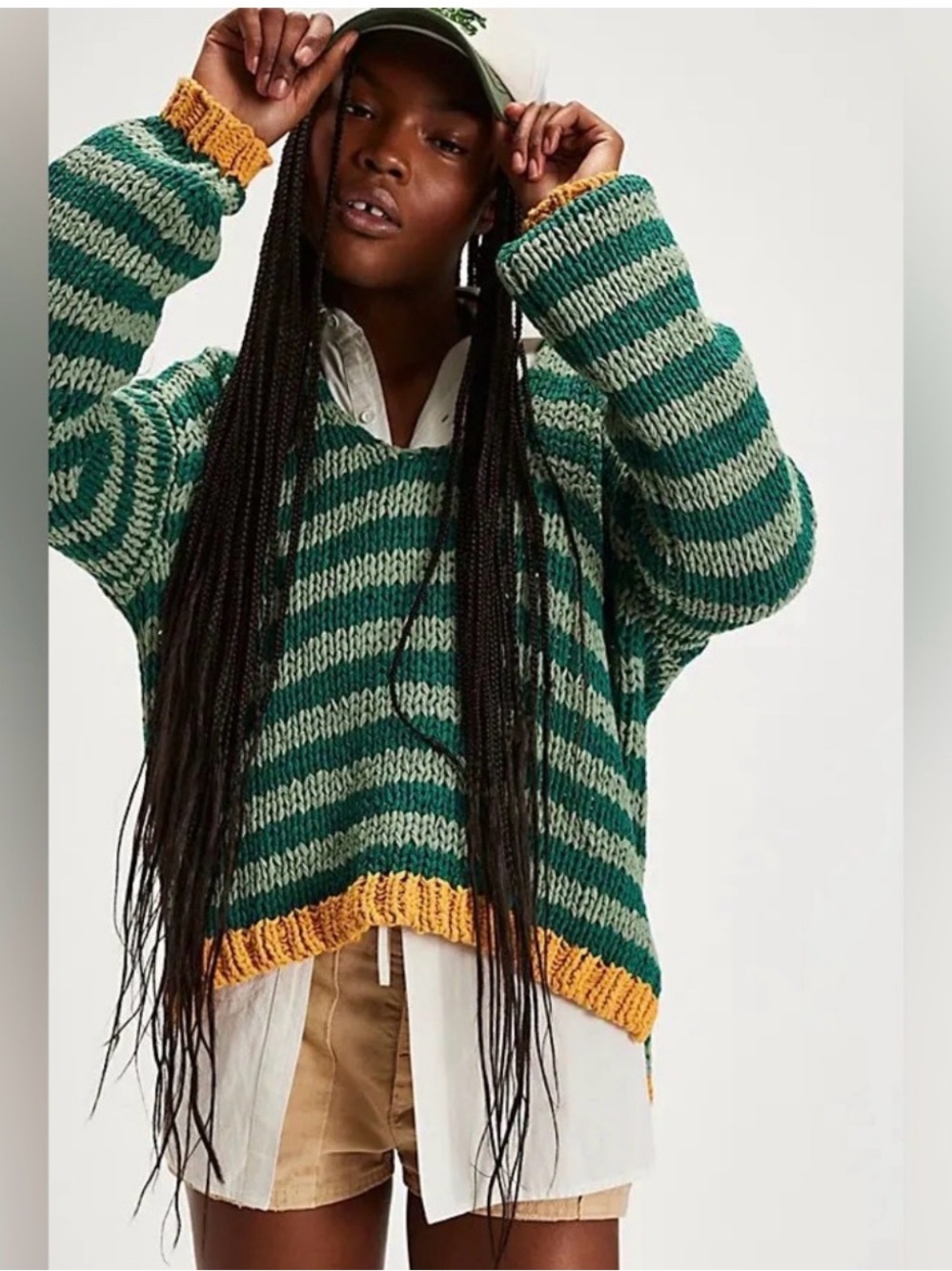Free People Green and Cream Striped Crewneck Sweater with Mustard Trim